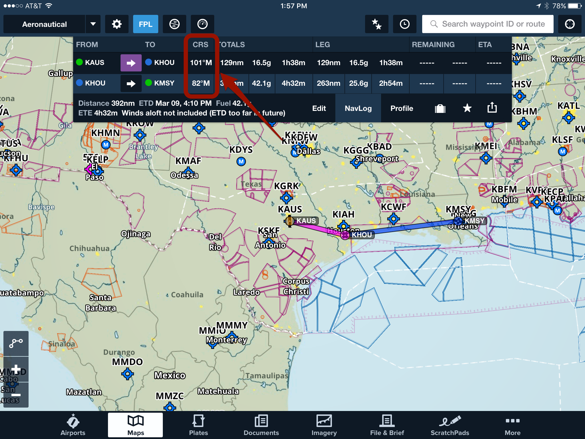 How can I view course (CRS) rather than heading (HDG) in the NavLog